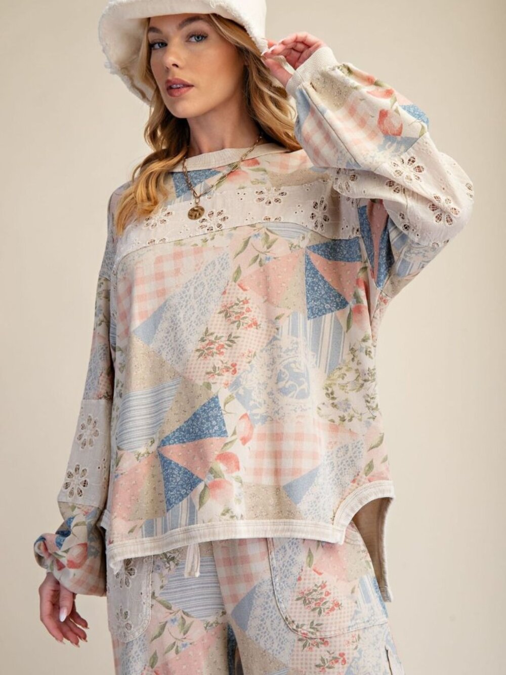 EASEL PATCHWORK PRINT WASHED COTTON TERRY TOP PANTS SET white blue pink lounge - Picture 5 of 9